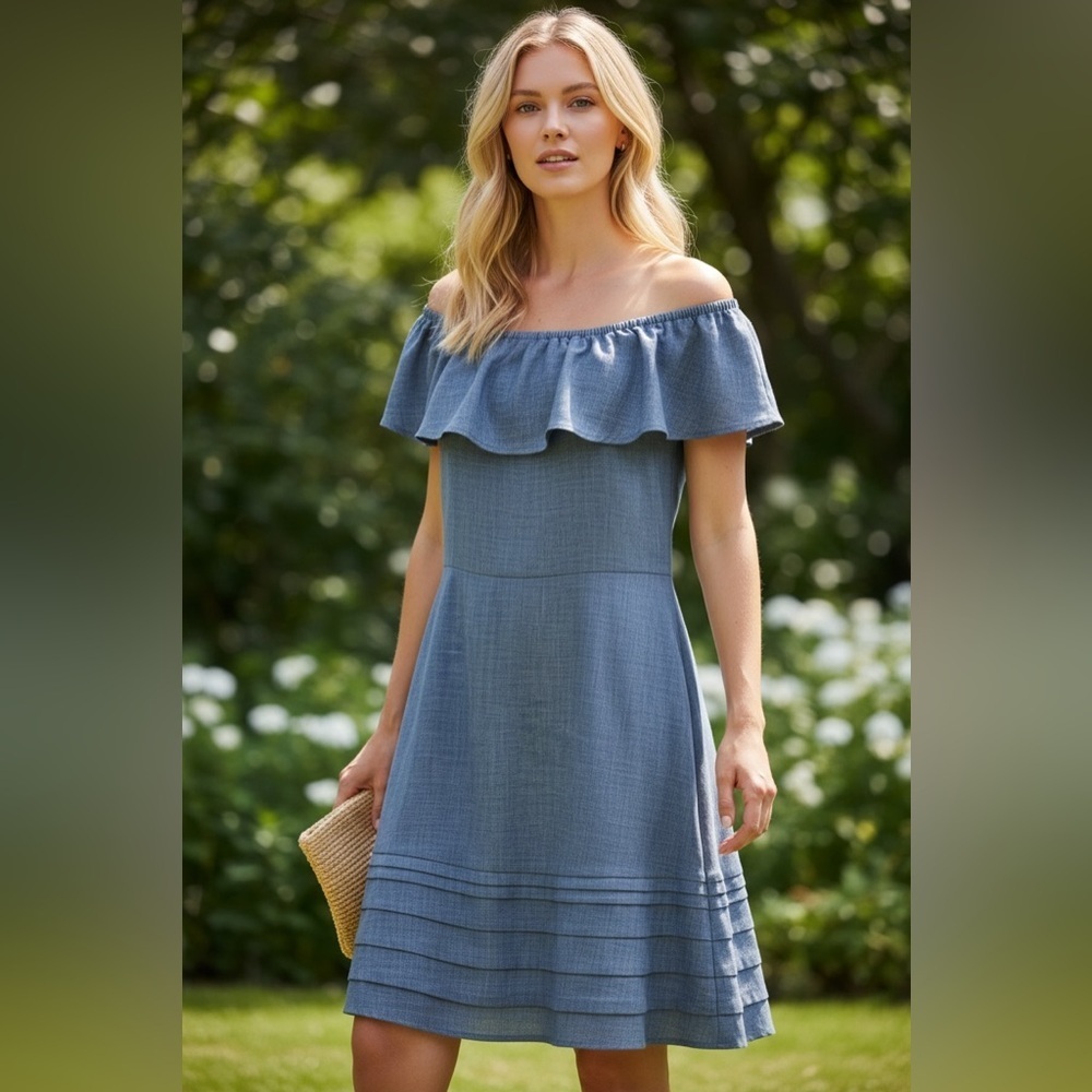 Banana Republic Off-Shoulder Denim Blue Dress - Flowy - Size 14
